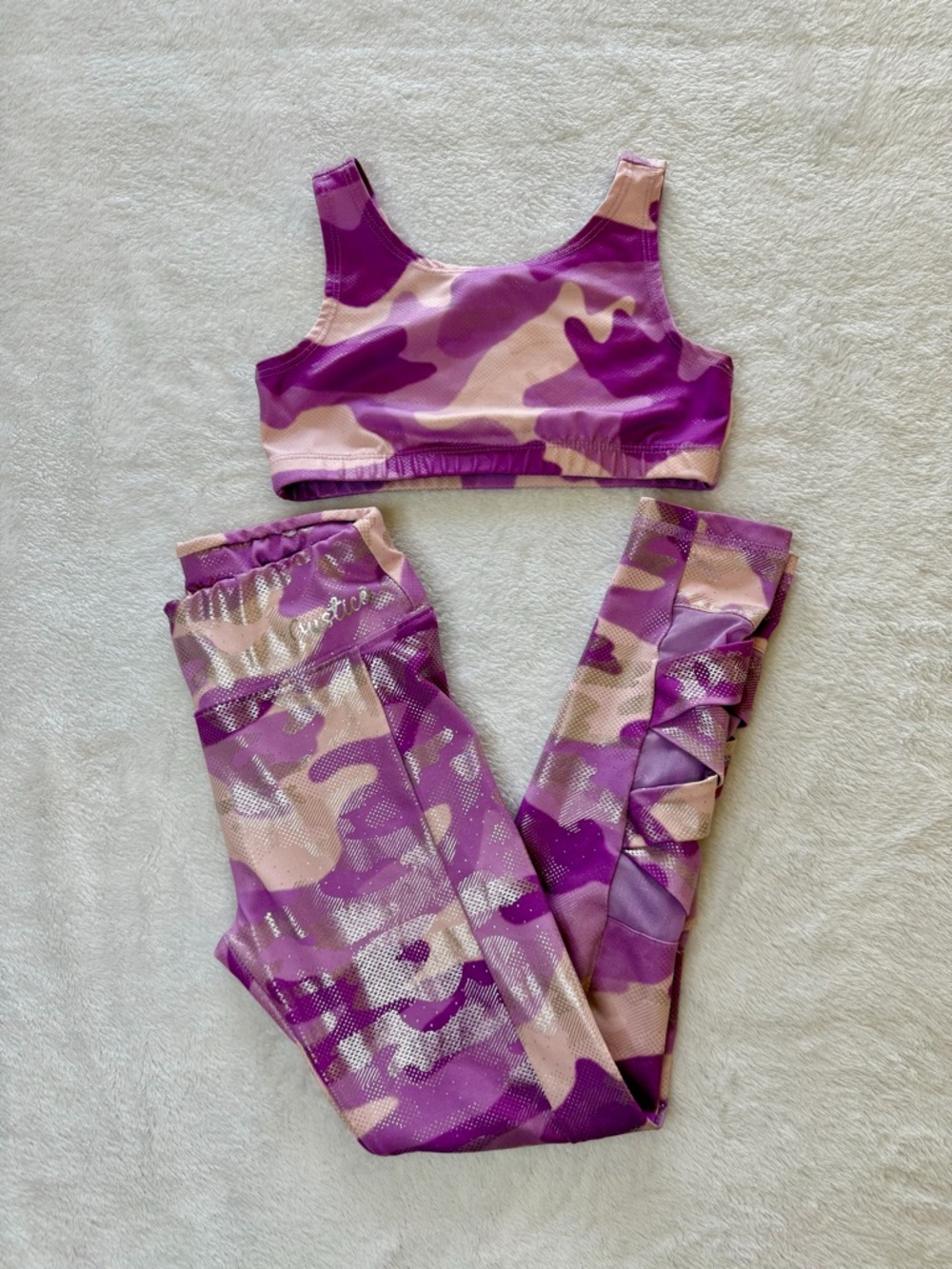 Girls S 7/8 Justice Pink & Purple Camo Activewear Set Sports Bra Leggings Outfit